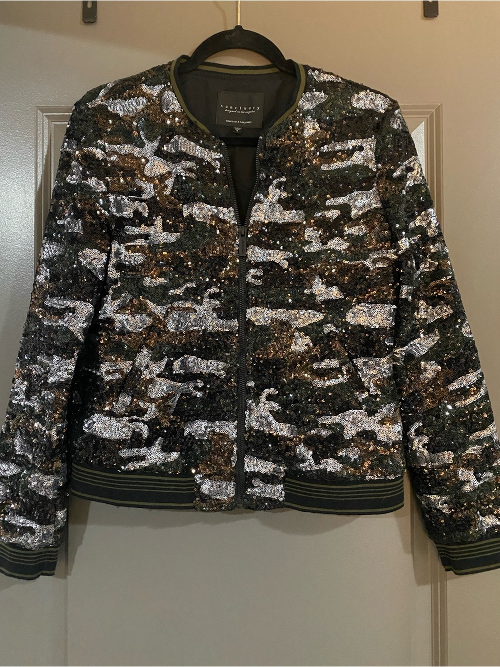 Sanctuary Sequin Camo Bomber Jacket in Olive, Silver & Brown